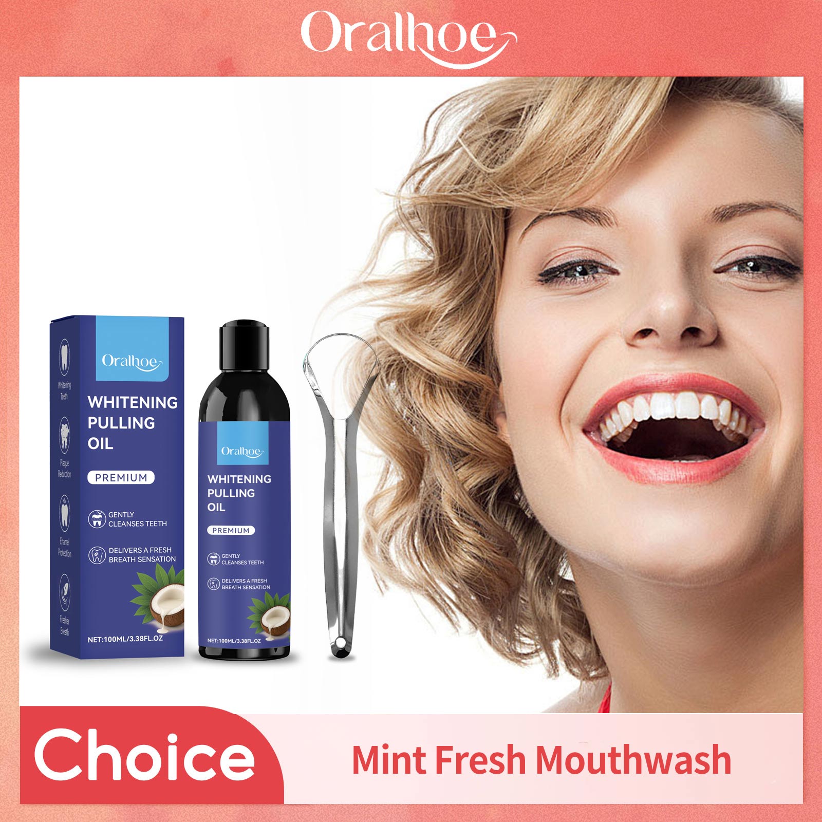 Teeth Whitening Oil Pulling - น้ำยาบ้วนปากมะพร้าวผสมที่ขูดลิ้น ช่วยฟอกฟันขาว ดูแลสุขภาพช่องปาก ทำความสะอาด ลมหายใจหอมสดชื่น ปราศจากแอลกอฮอล์