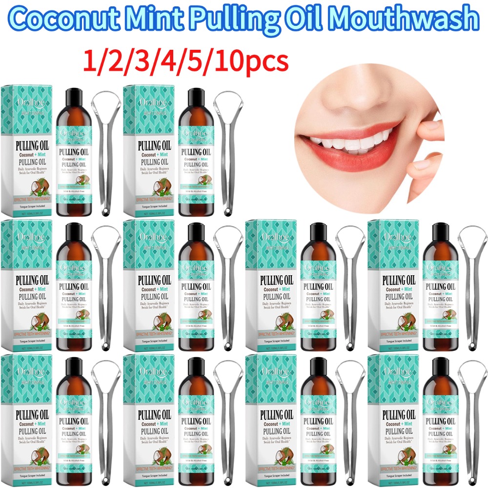 Teeth Whitening Oil Pulling - น้ำยาบ้วนปากมะพร้าวมิ้นท์แบบไม่ผสมแอลกอฮอล์ ช่วยฟอกฟันขาว ลมหายใจหอมสดชื่น พร้อมที่ขูดลิ้น ดูแลช่องปาก กำจัดกลิ่นปาก